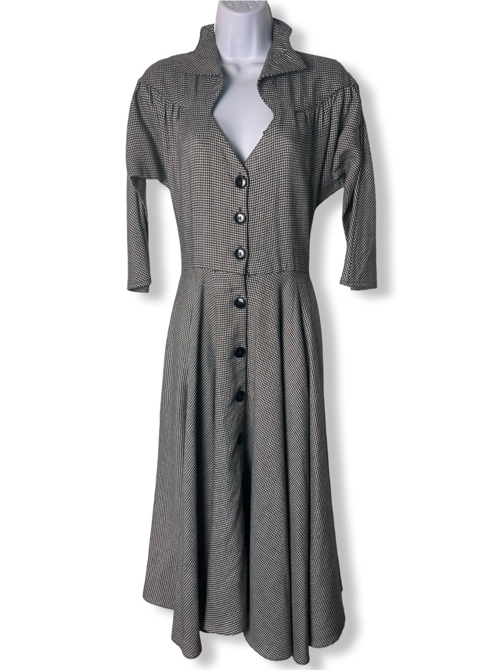 Vintage 70s Womens Houndstooth Shirtwaist Dress Dolman Sleeve Black White Sz S/M